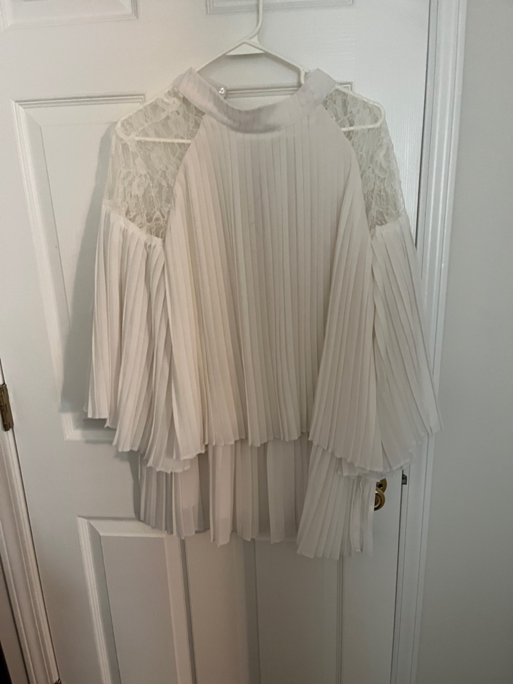 Pleated Lace-Shoulder Women's Blouse in Ivory